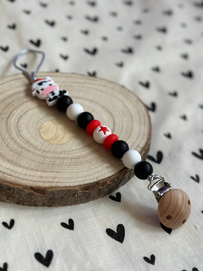 Handmade Black, White & Red Christmas Cow Dummy Clip, BPA Free Silicone Beads and Wooden Clip, Unique Dummy Clip - Christmas