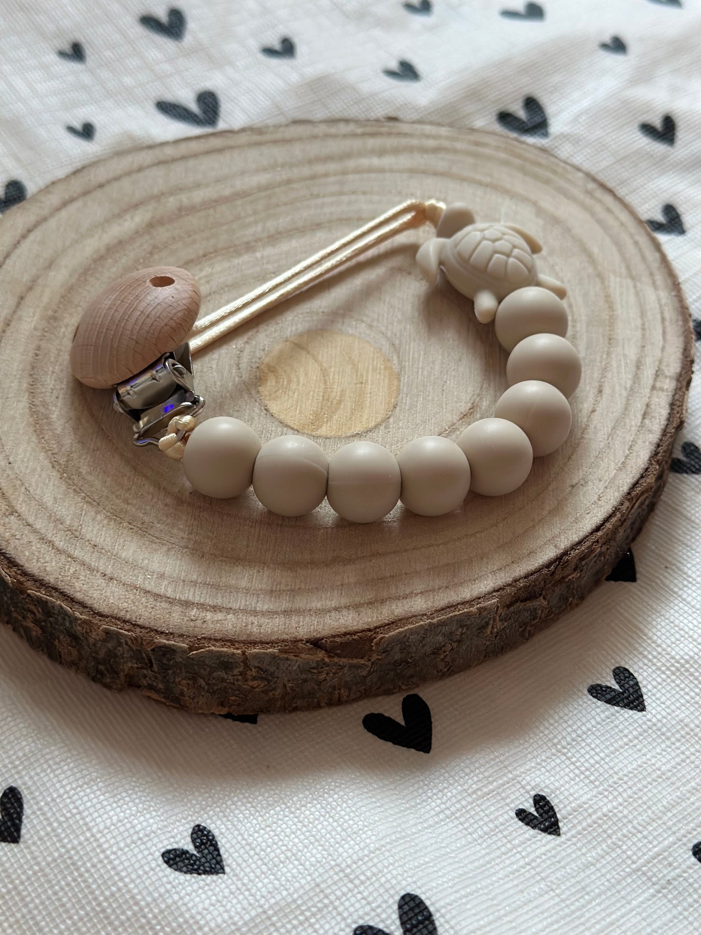 Handmade Beige Turtle Dummy Clip, BPA Free Silicone Beads and Wooden Clip, Unique Dummy Clip Gift