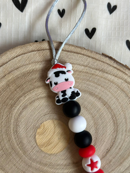 Handmade Black, White & Red Christmas Cow Dummy Clip, BPA Free Silicone Beads and Wooden Clip, Unique Dummy Clip - Christmas