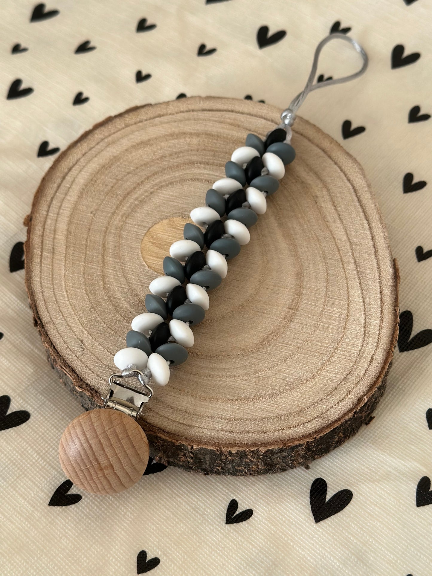 Handmade Black, Grey & White Dummy Clip, BPA Free Silicone Beads and Wooden Clip, Unique Dummy Clip Gift