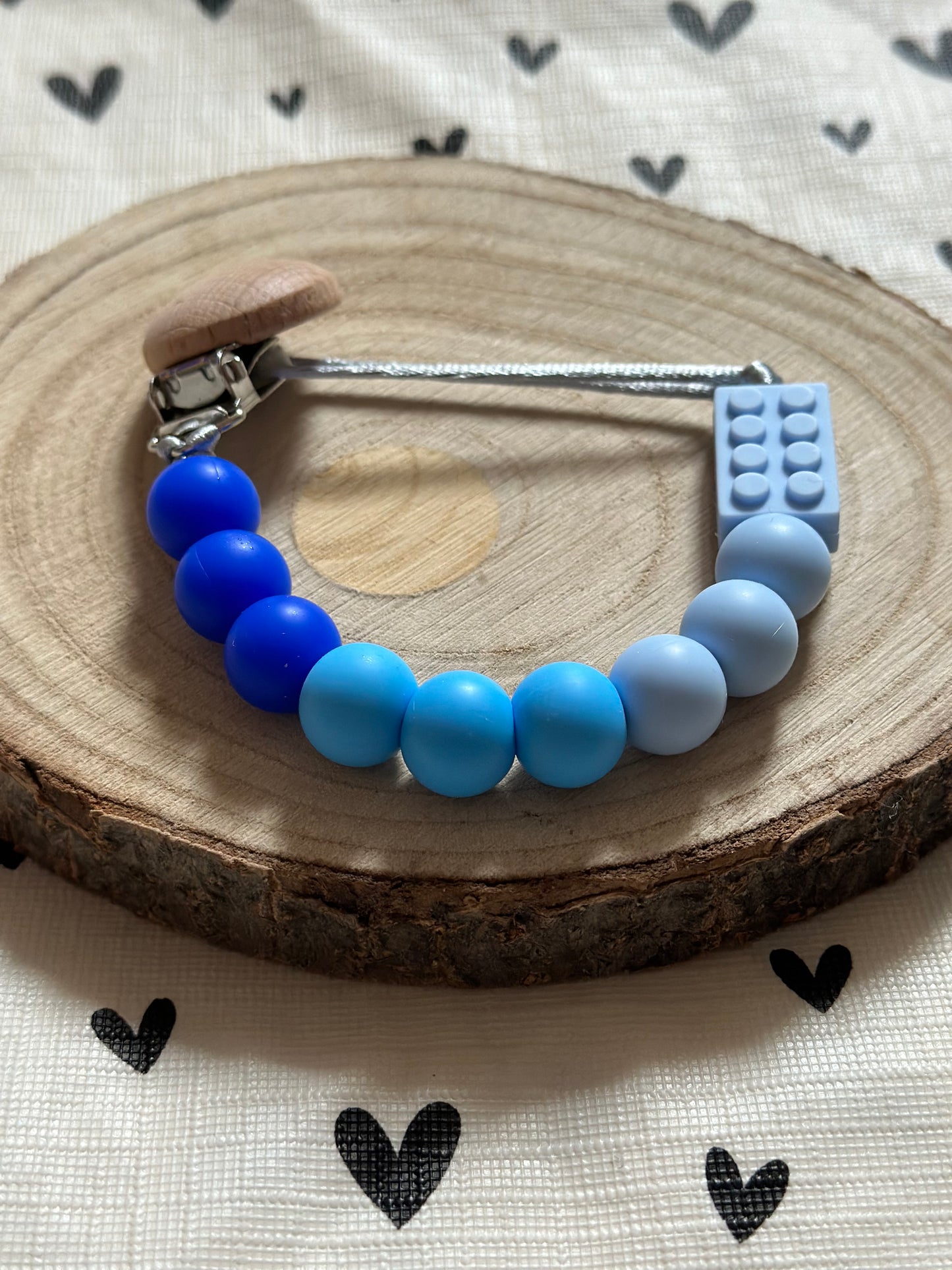 Handmade Blue Lego Block Dummy Clip, BPA Free Silicone Beads and Wooden Clip, Unique Dummy Clip Gift