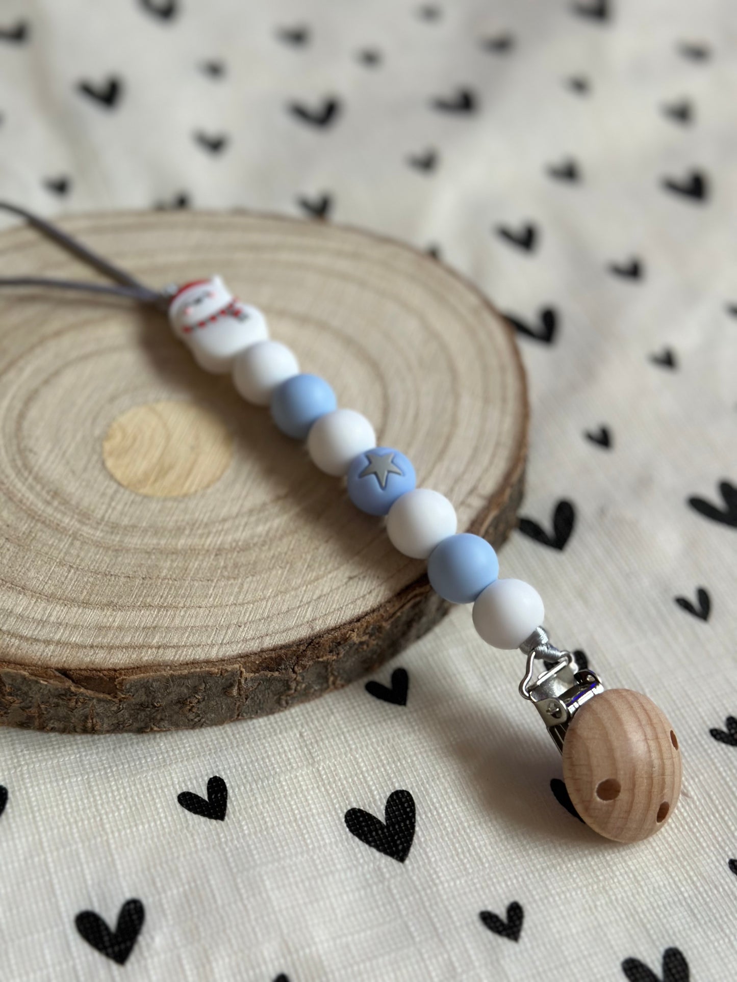 Handmade Blue & White with Snowman Dummy Clip, BPA Free Silicone Beads and Wooden Clip, Unique Dummy Clip - Christmas