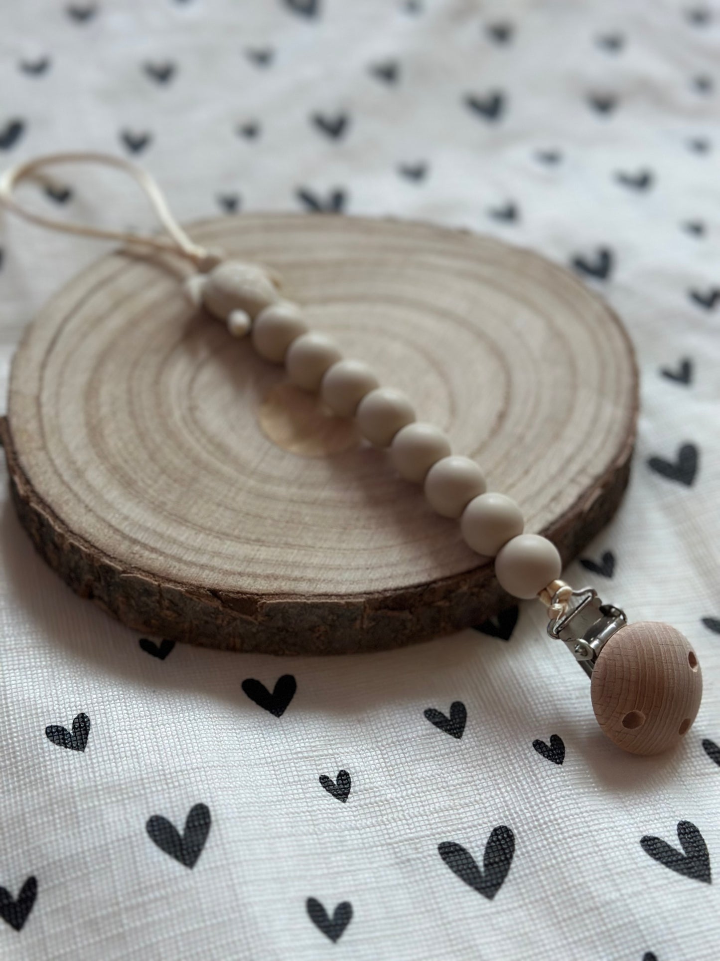 Handmade Beige Turtle Dummy Clip, BPA Free Silicone Beads and Wooden Clip, Unique Dummy Clip Gift