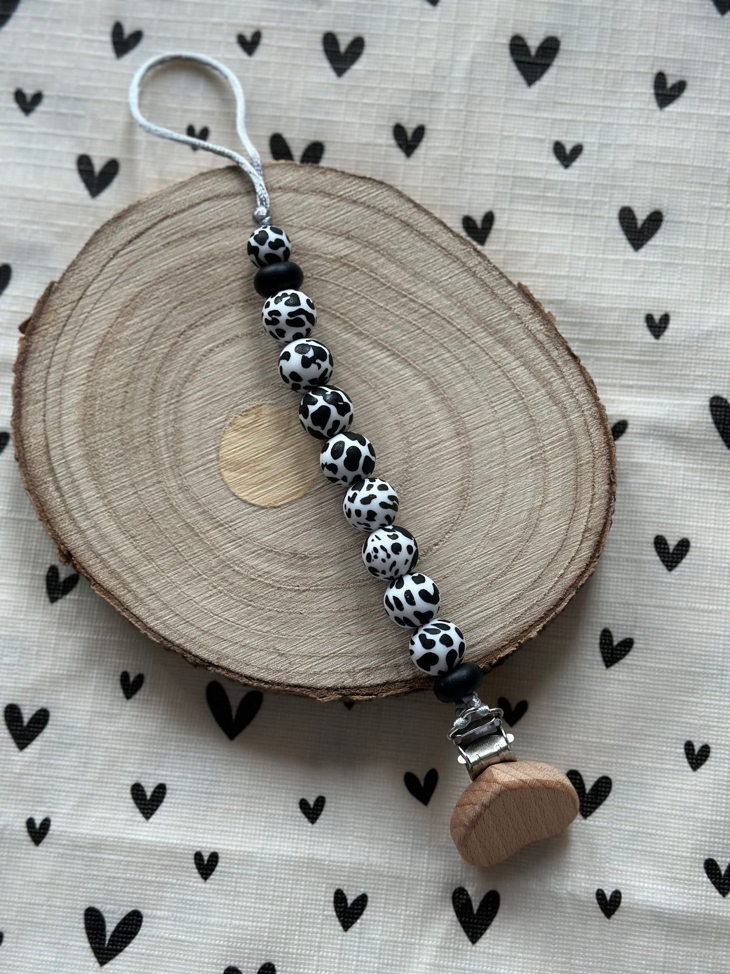 Handmade Black and White Cow Print Dummy Clip, BPA Free Silicone Beads and Wooden Clip, Unique Dummy Clip Gift