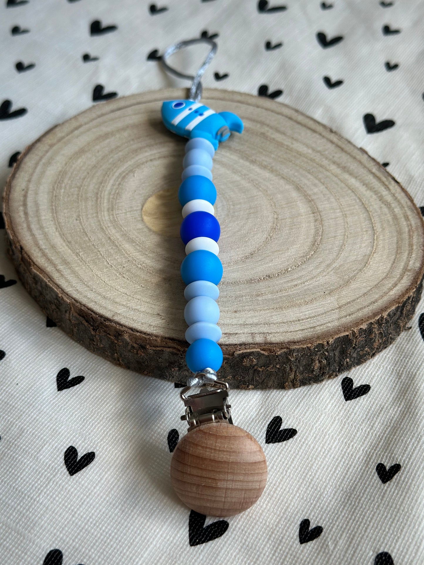 Handmade Blue Rocket Dummy Clip, BPA Free Silicone Beads and Wooden Clip, Unique Dummy Clip