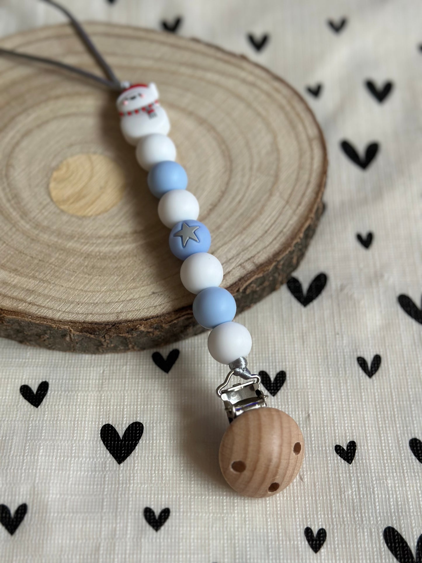 Handmade Blue & White with Snowman Dummy Clip, BPA Free Silicone Beads and Wooden Clip, Unique Dummy Clip - Christmas