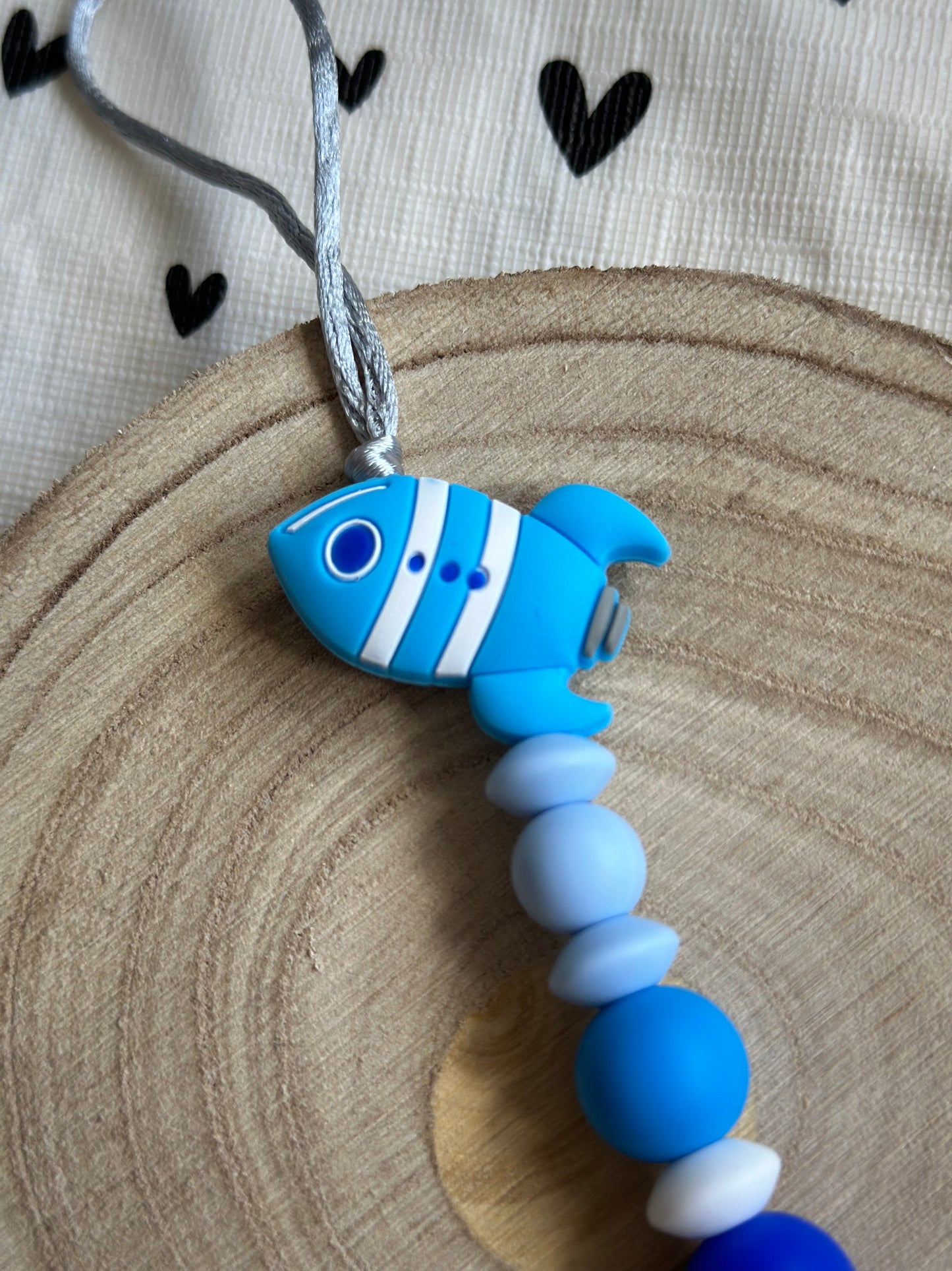 Handmade Blue Rocket Dummy Clip, BPA Free Silicone Beads and Wooden Clip, Unique Dummy Clip