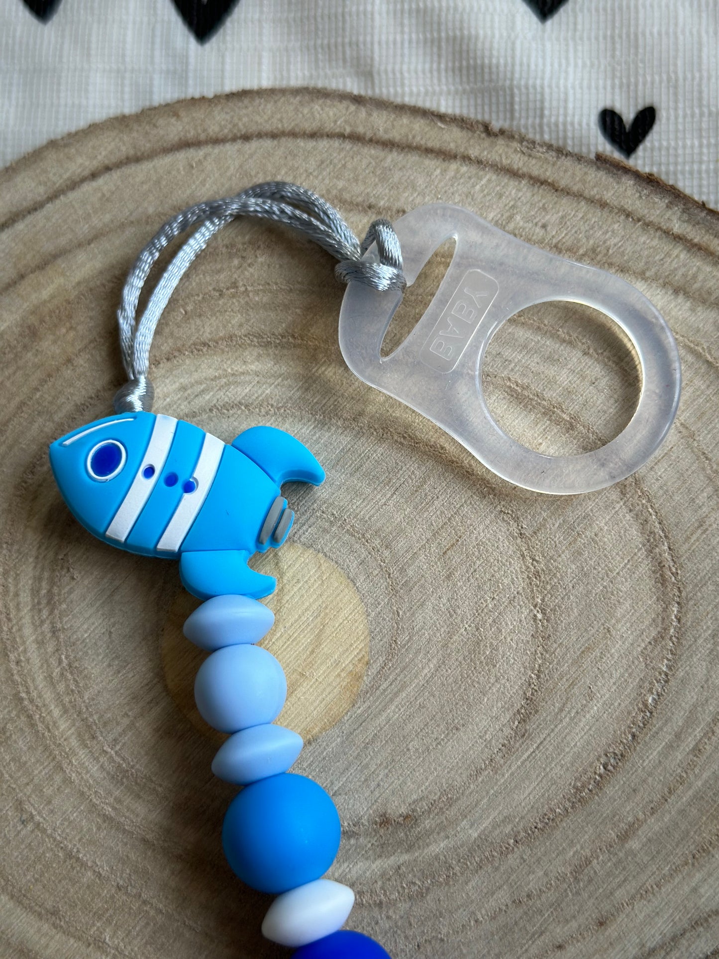 Handmade Blue Rocket Dummy Clip, BPA Free Silicone Beads and Wooden Clip, Unique Dummy Clip