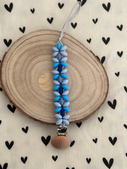 Handmade Blue Dummy Clip, BPA Free Silicone Beads and Wooden Clip, Unique Dummy Clip Gift