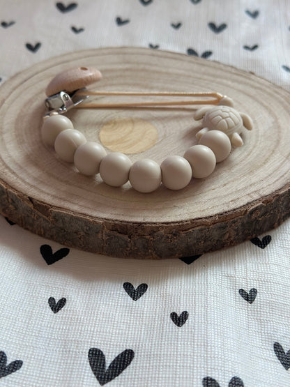 Handmade Beige Turtle Dummy Clip, BPA Free Silicone Beads and Wooden Clip, Unique Dummy Clip Gift