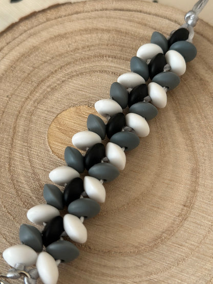 Handmade Black, Grey & White Dummy Clip, BPA Free Silicone Beads and Wooden Clip, Unique Dummy Clip Gift