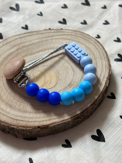 Handmade Blue Lego Block Dummy Clip, BPA Free Silicone Beads and Wooden Clip, Unique Dummy Clip Gift