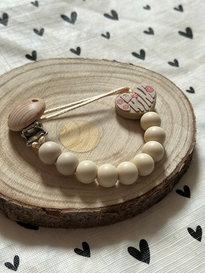 Handmade Be Kind Heart Beige Dummy Clip, BPA Free Silicone Beads and Wooden Clip, Unique Dummy Clip Gift