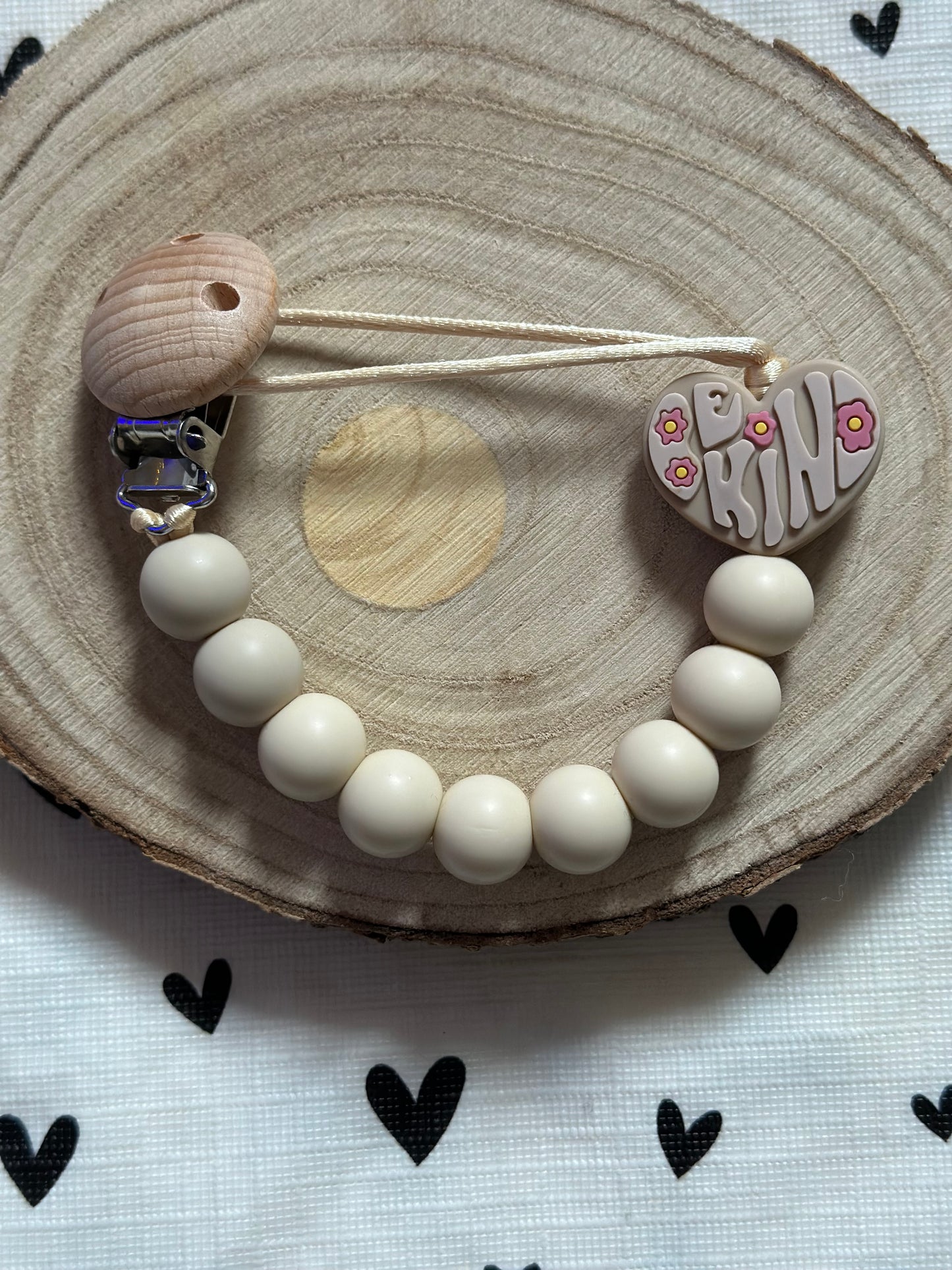 Handmade Be Kind Heart Beige Dummy Clip, BPA Free Silicone Beads and Wooden Clip, Unique Dummy Clip Gift