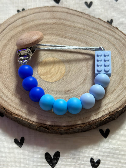 Handmade Blue Lego Block Dummy Clip, BPA Free Silicone Beads and Wooden Clip, Unique Dummy Clip Gift