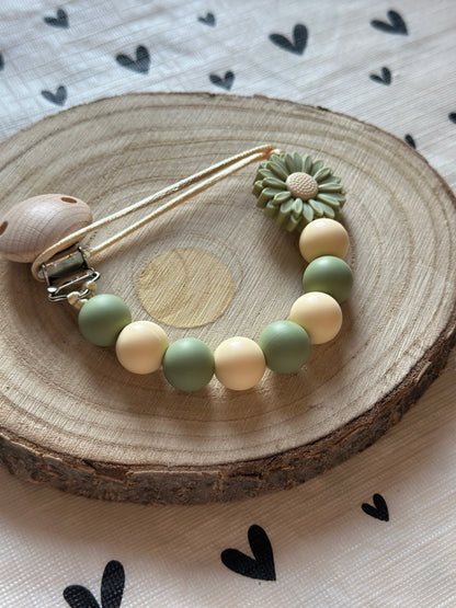 Handmade Beige & Green Daisy Dummy Clip, BPA Free Silicone Beads and Wooden Clip, Unique Dummy Clip Gift