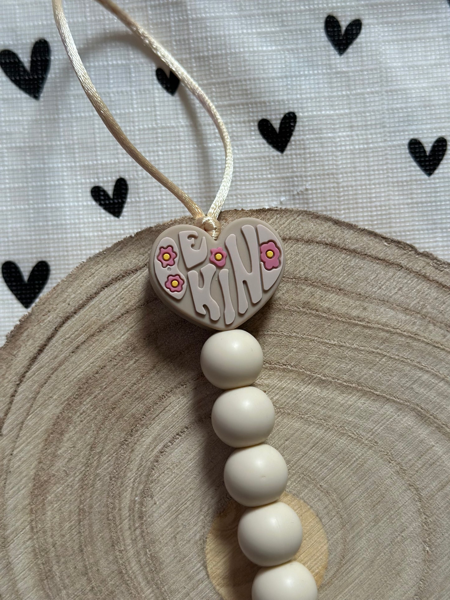 Handmade Be Kind Heart Beige Dummy Clip, BPA Free Silicone Beads and Wooden Clip, Unique Dummy Clip Gift