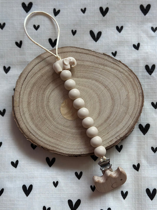 Handmade Beige Elephant Dummy Clip, BPA Free Silicone Beads and Wooden Clip, Unique Dummy Clip Gift