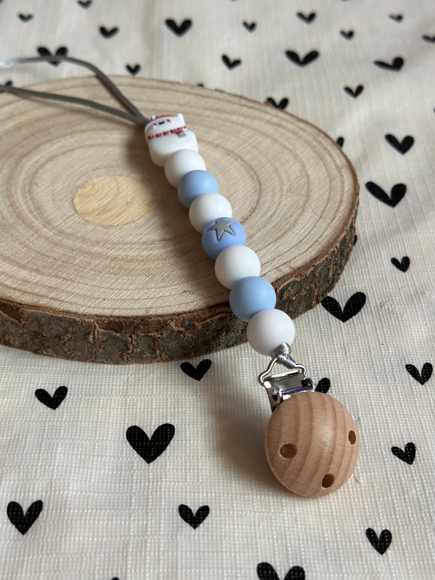 Handmade Blue & White with Snowman Dummy Clip, BPA Free Silicone Beads and Wooden Clip, Unique Dummy Clip - Christmas