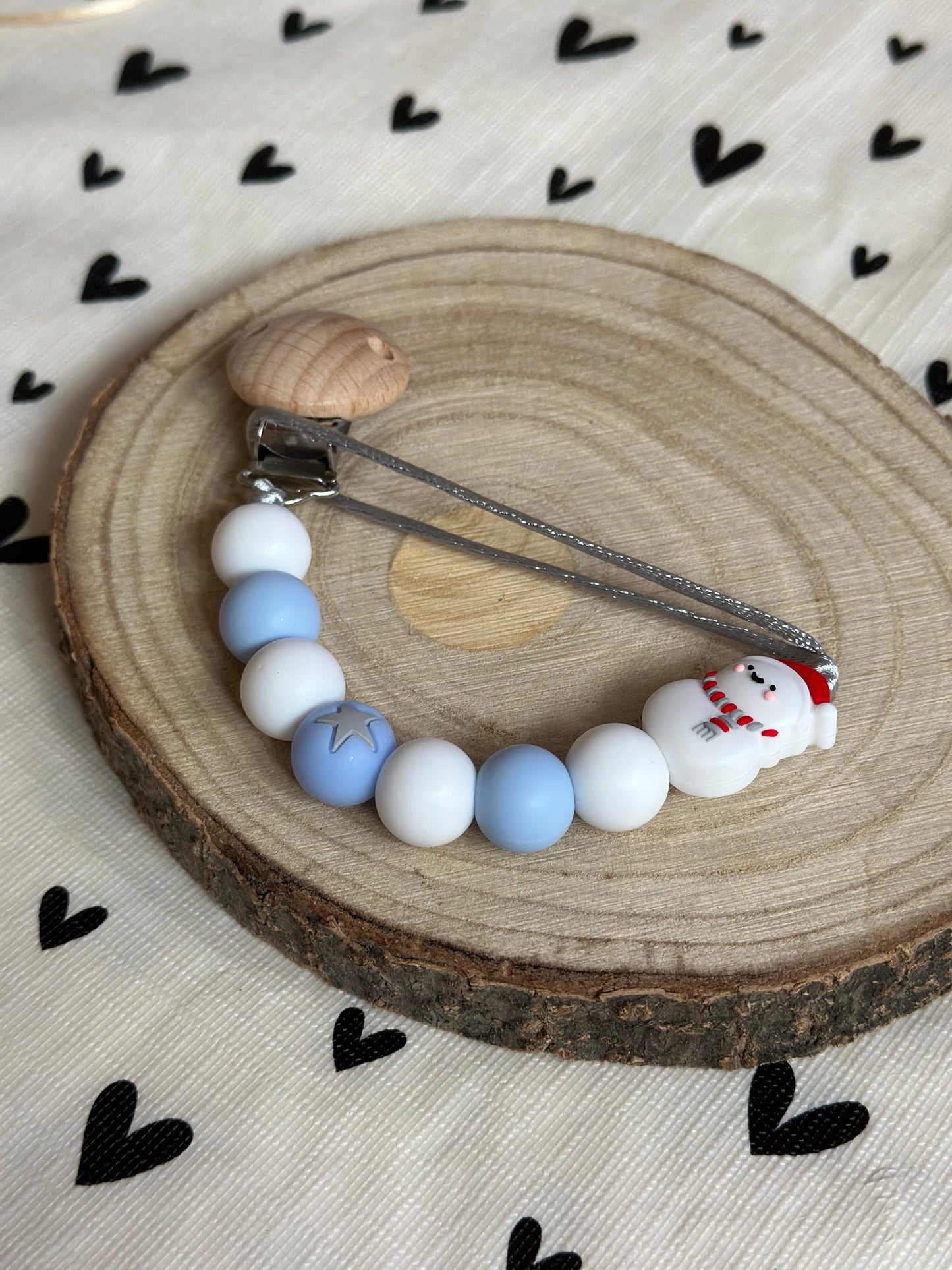 Handmade Blue & White with Snowman Dummy Clip, BPA Free Silicone Beads and Wooden Clip, Unique Dummy Clip - Christmas