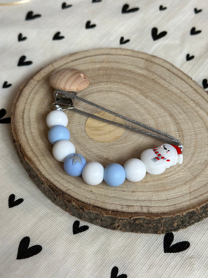 Handmade Blue & White with Snowman Dummy Clip, BPA Free Silicone Beads and Wooden Clip, Unique Dummy Clip - Christmas