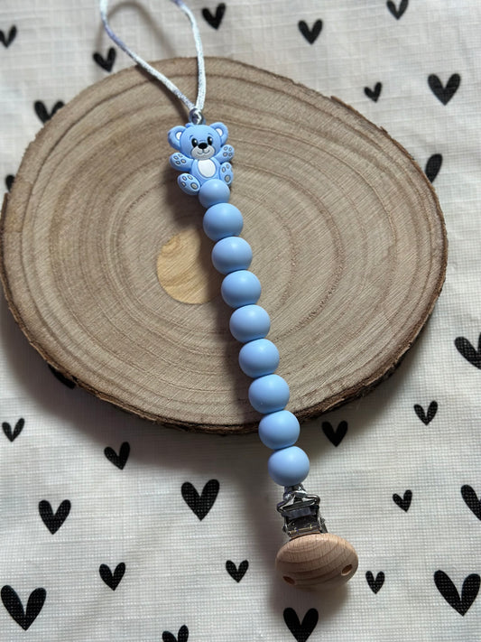 Handmade Blue Teddy Bear Dummy Clip, BPA Free Silicone Beads and Wooden Clip, Unique Dummy Clip Gift