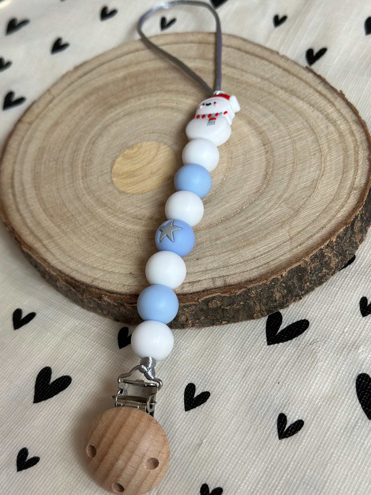 Handmade Blue & White with Snowman Dummy Clip, BPA Free Silicone Beads and Wooden Clip, Unique Dummy Clip - Christmas