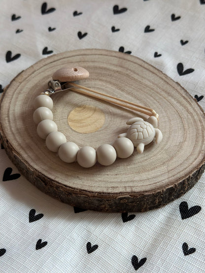 Handmade Beige Turtle Dummy Clip, BPA Free Silicone Beads and Wooden Clip, Unique Dummy Clip Gift