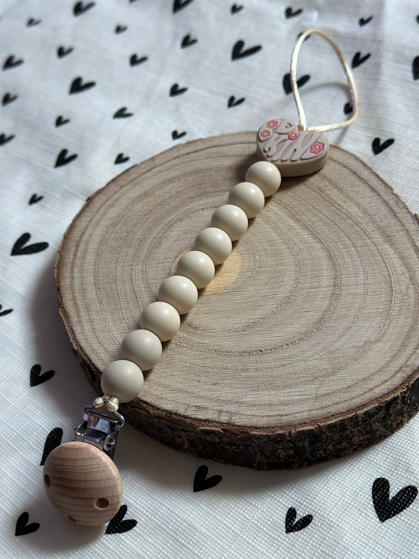 Handmade Be Kind Heart Beige Dummy Clip, BPA Free Silicone Beads and Wooden Clip, Unique Dummy Clip Gift