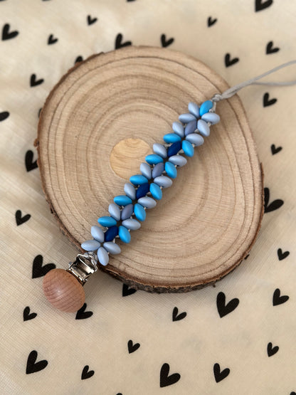 Handmade Blue Dummy Clip, BPA Free Silicone Beads and Wooden Clip, Unique Dummy Clip Gift