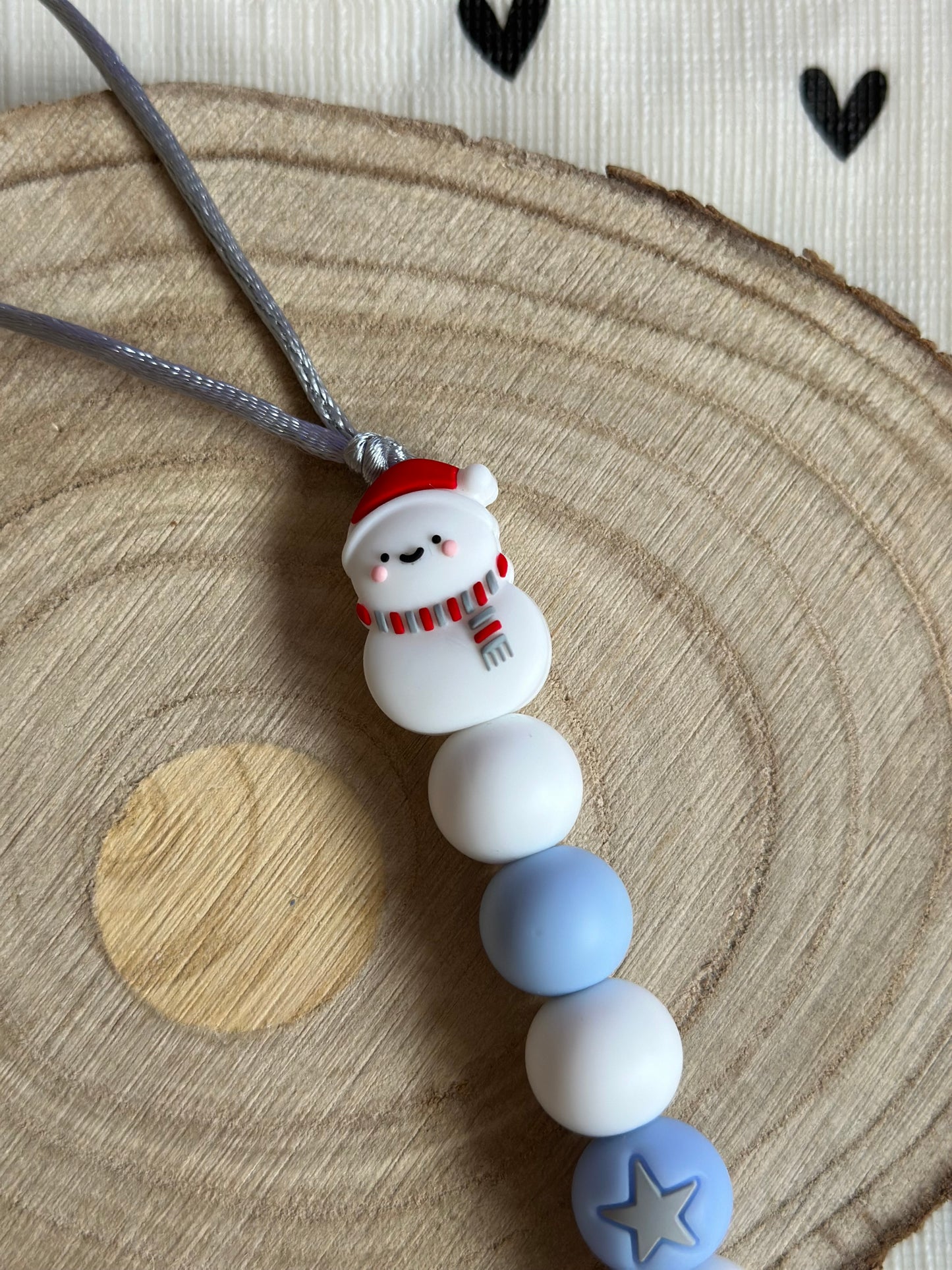 Handmade Blue & White with Snowman Dummy Clip, BPA Free Silicone Beads and Wooden Clip, Unique Dummy Clip - Christmas