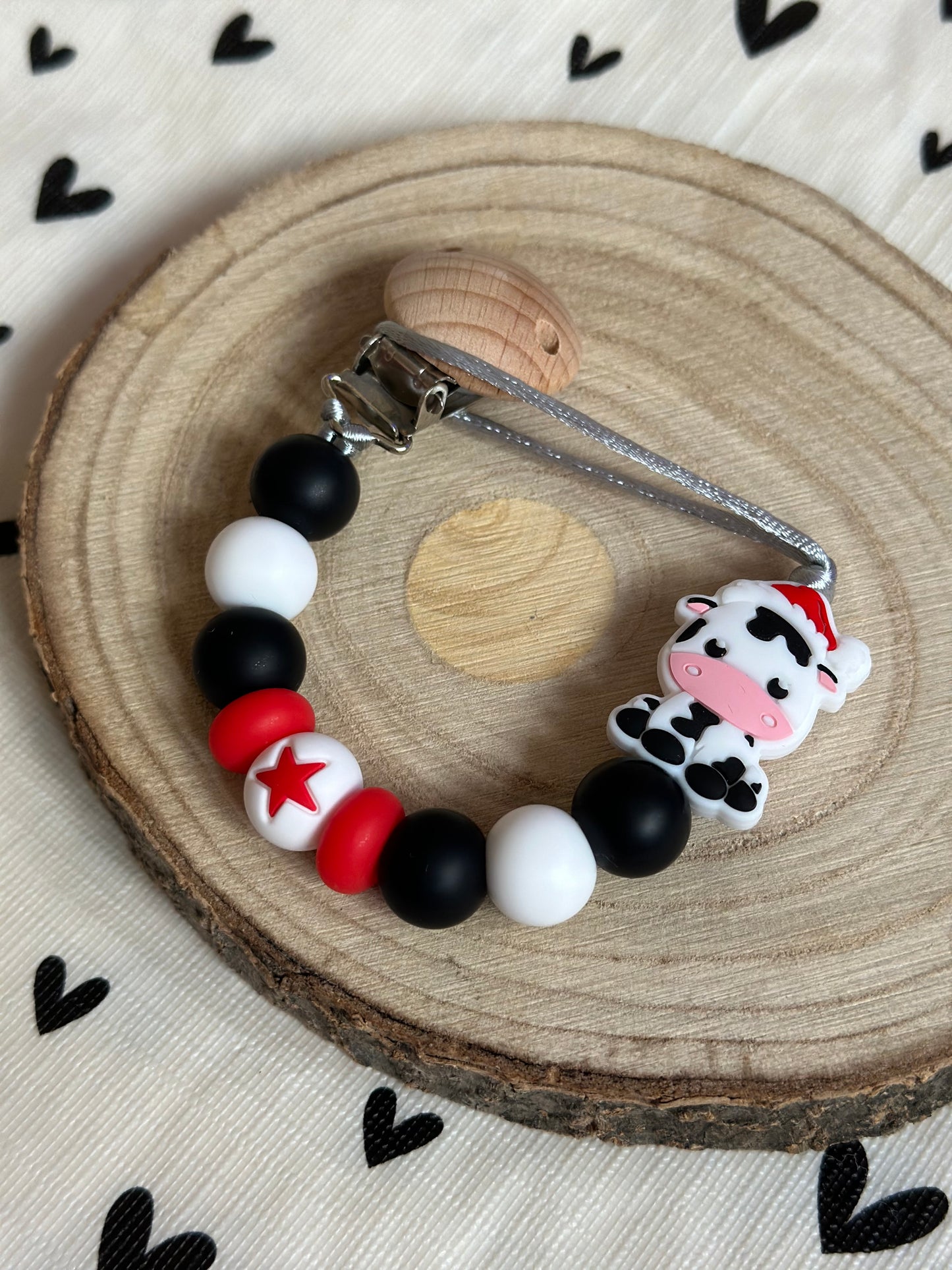 Handmade Black, White & Red Christmas Cow Dummy Clip, BPA Free Silicone Beads and Wooden Clip, Unique Dummy Clip - Christmas