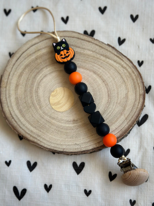 Handmade Black Cat & Pumpkin Dummy Clip, BPA Free Silicone Beads and Wooden Clip, Halloween